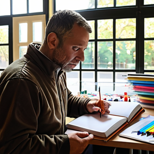 **"The calm before the vibrant day: A meticulous male or female leisure activity leader, holding a coffee cup, is deeply engrossed in their notebook filled with detailed plans. The scene is an early morning, quiet recreation center with soft light filtering through a window, highlighting neatly organized colorful art supplies, games, and safety equipment, all meticulously arranged for the upcoming day. Emphasize the invisible yet crucial preparation and a sense of peaceful readiness. French cultural context."**