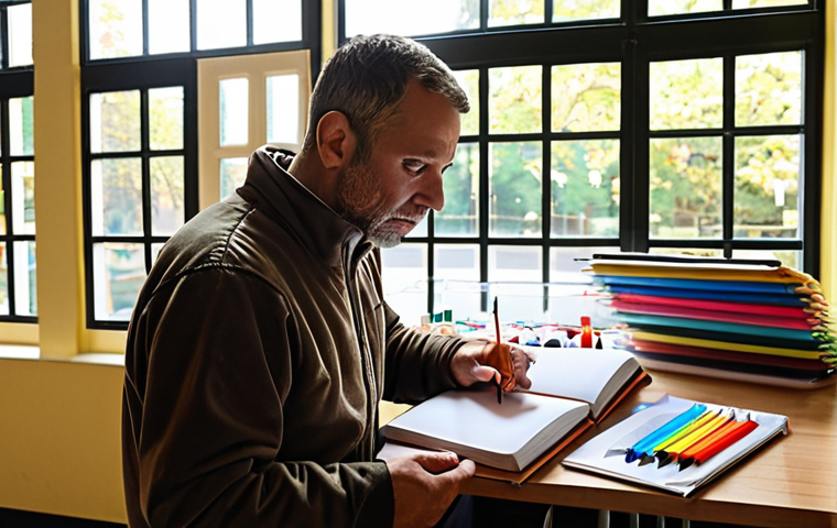**"The calm before the vibrant day: A meticulous male or female leisure activity leader, holding a coffee cup, is deeply engrossed in their notebook filled with detailed plans. The scene is an early morning, quiet recreation center with soft light filtering through a window, highlighting neatly organized colorful art supplies, games, and safety equipment, all meticulously arranged for the upcoming day. Emphasize the invisible yet crucial preparation and a sense of peaceful readiness. French cultural context."**