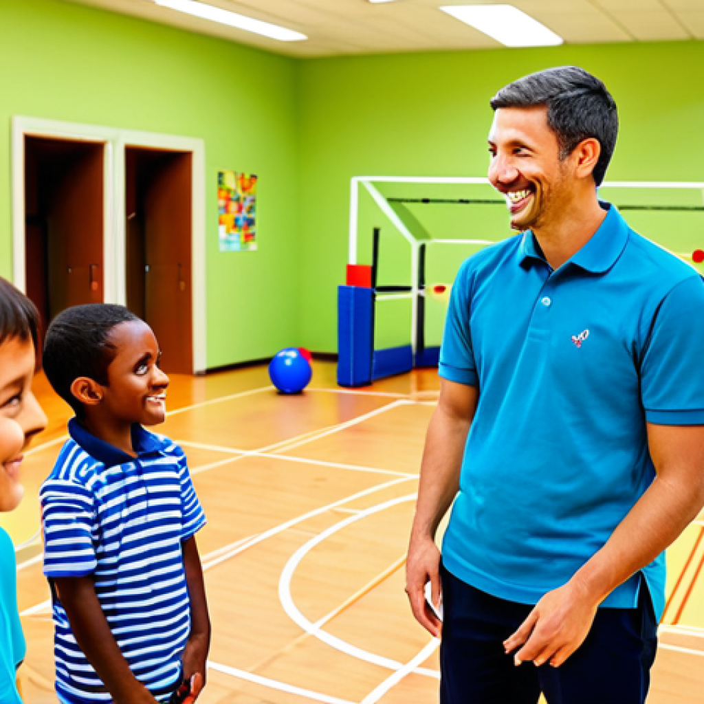 A professional male leisure animator in his late 20s, wearing a modest, branded polo shirt and comfortable, appropriate trousers, actively engaging with a diverse group of fully clothed participants. He is smiling warmly, bending slightly to listen attentively to a child, while other adults and children around him are engaged in a cooperative indoor game. The setting is a bright, clean community center recreation room with safe, colorful play elements in the background. The atmosphere is joyful and inclusive. Perfect anatomy, correct proportions, natural pose, well-formed hands, proper finger count, natural body proportions, professional photography, high quality, soft lighting, vibrant colors, safe for work, appropriate content, fully clothed, professional, modest, family-friendly.