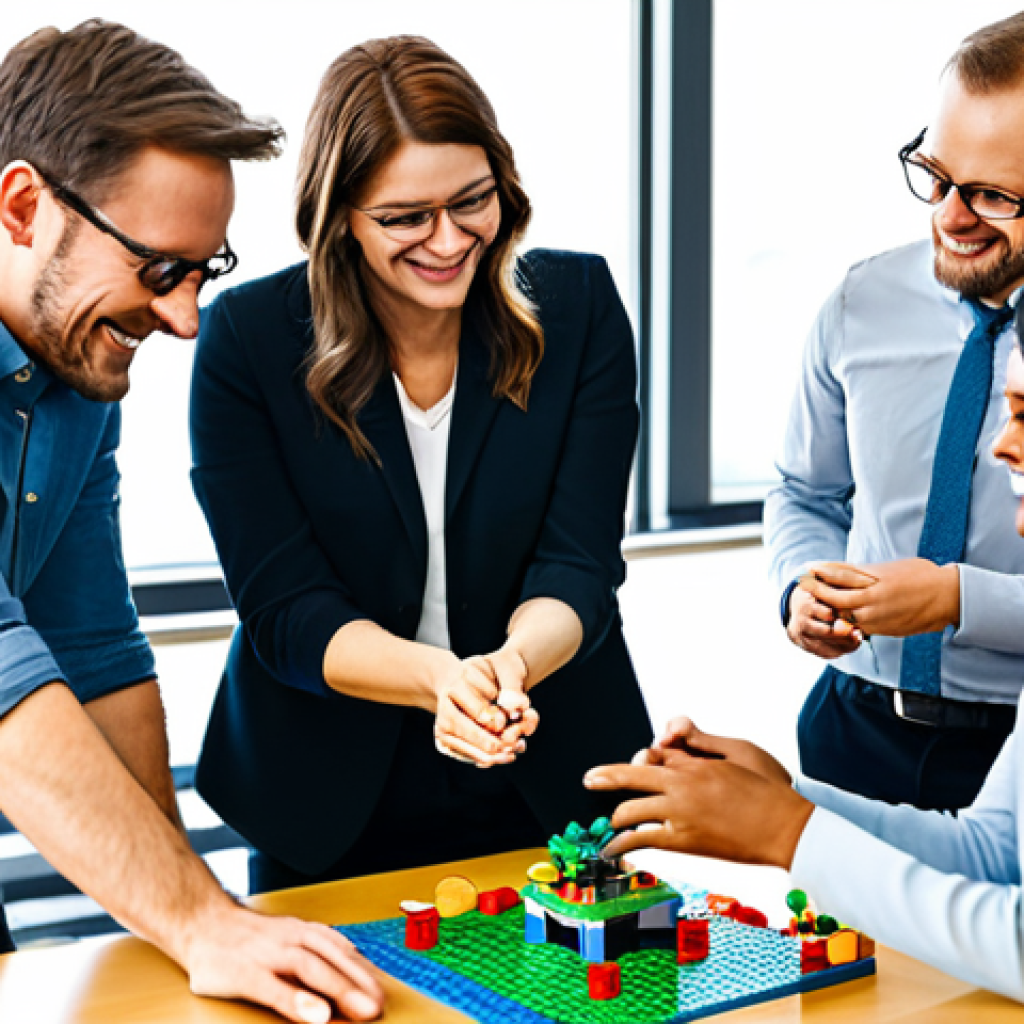 Creative Workshop**
A diverse group of colleagues participating in a Lego® Serious Play® workshop in a bright, modern office. They are building structures with Lego bricks, engaging in conversation, and smiling. Everyone is fully clothed in business casual attire. The atmosphere is collaborative and innovative. Safe for work, appropriate content, professional environment, perfect anatomy, natural proportions, well-formed hands, proper finger count, family-friendly, modest clothing.
**