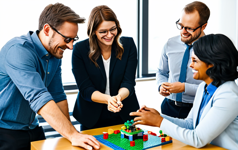 Creative Workshop**
A diverse group of colleagues participating in a Lego® Serious Play® workshop in a bright, modern office. They are building structures with Lego bricks, engaging in conversation, and smiling. Everyone is fully clothed in business casual attire. The atmosphere is collaborative and innovative. Safe for work, appropriate content, professional environment, perfect anatomy, natural proportions, well-formed hands, proper finger count, family-friendly, modest clothing.
**