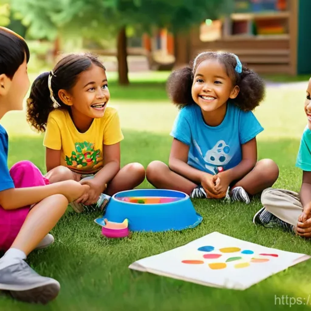 레크리에이션 지도자 체험기 - **Prompt:** A diverse group of children, aged 6-12, and their two cheerful animators (one male, one ...