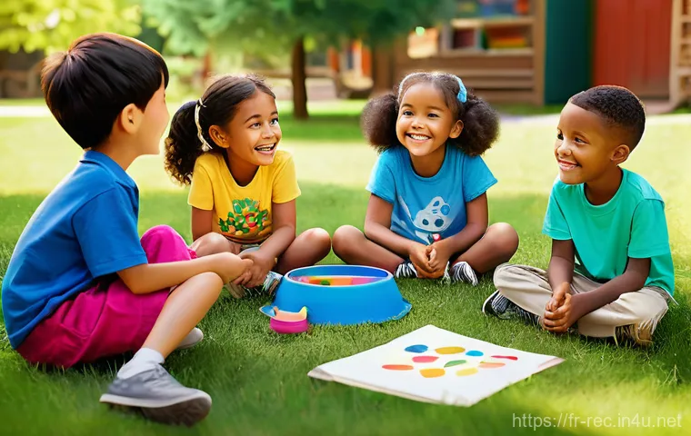 레크리에이션 지도자 체험기 - **Prompt:** A diverse group of children, aged 6-12, and their two cheerful animators (one male, one ...