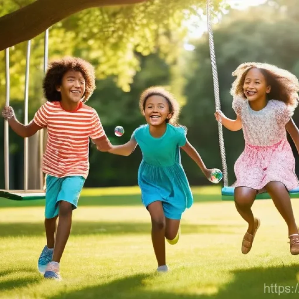 레크리에이션 지도자 취업 성공 팁 - **Prompt:** A vibrant, sun-drenched park scene filled with a diverse group of happy children aged 6-...