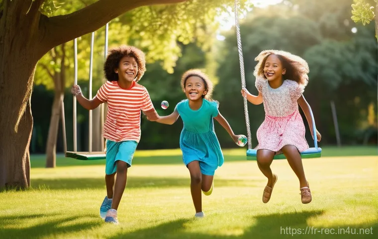 레크리에이션 지도자 취업 성공 팁 - **Prompt:** A vibrant, sun-drenched park scene filled with a diverse group of happy children aged 6-...