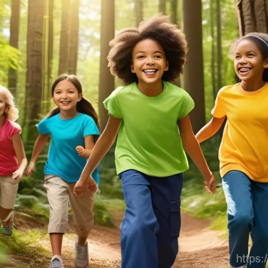 레크리에이션 지도자 자기소개서 작성법 - **Prompt:** A diverse group of cheerful children, aged 6-12, fully clothed in bright, comfortable pl...