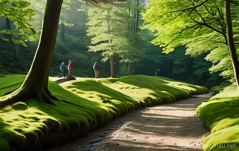 레크리에이션 지도자와 프로그램 맞춤화 - **Prompt:** A serene, sun-dappled forest trail in the French countryside, possibly in the Fontainebl...