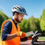레크리에이션 실기 시험 도구 준비 - A detailed scene of a young adult preparing for a practical sports exam outdoors, wearing safety gea...