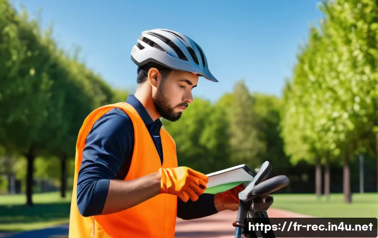 레크리에이션 실기 시험 도구 준비 - A detailed scene of a young adult preparing for a practical sports exam outdoors, wearing safety gea...