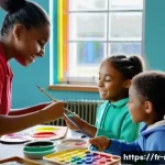 레크리에이션 지도자와 코칭 프로그램 - A diverse group of children aged 6-10 engaged in a creative workshop in a bright, colorful classroom...