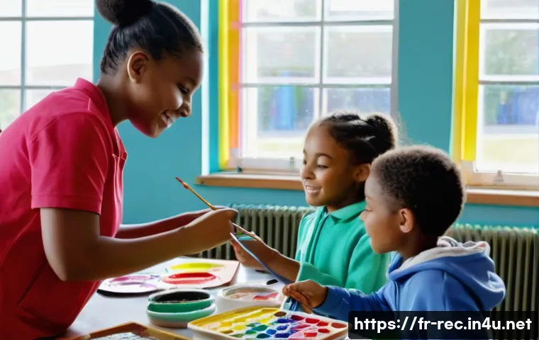 레크리에이션 지도자와 코칭 프로그램 - A diverse group of children aged 6-10 engaged in a creative workshop in a bright, colorful classroom...