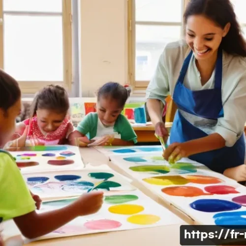레크리에이션 지도자의 일상 루틴 - A lively and colorful classroom scene in a French community center where children aged 5 to 7 are en...