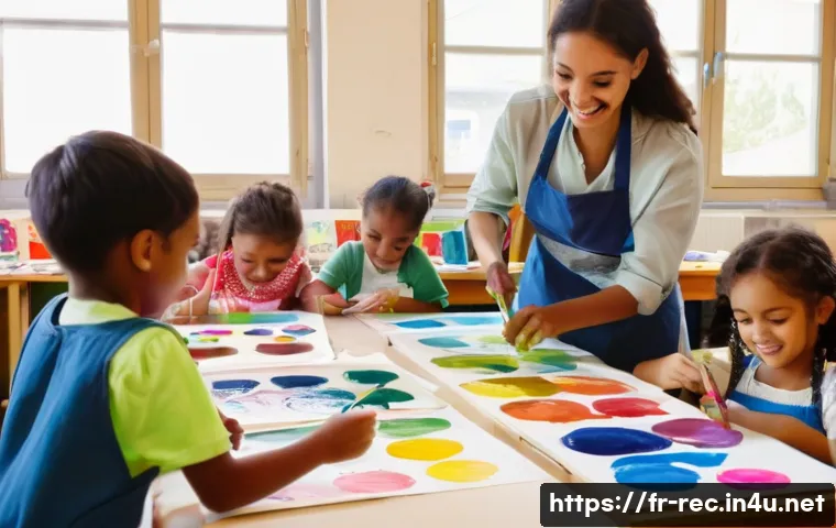 레크리에이션 지도자의 일상 루틴 - A lively and colorful classroom scene in a French community center where children aged 5 to 7 are en...