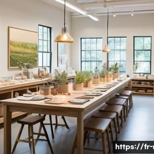 레크리에이션 워크숍 개최 방법 - A bright and inviting creative workshop space designed for a mixed group of adults, featuring long t...