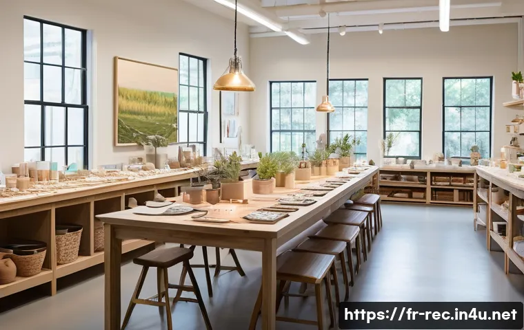 레크리에이션 워크숍 개최 방법 - A bright and inviting creative workshop space designed for a mixed group of adults, featuring long t...