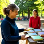 레크리에이션 지도자와 자기 계발 도서 - Photorealistic French recreation leader facilitating an outdoor team-building workshop in a sunlit p...