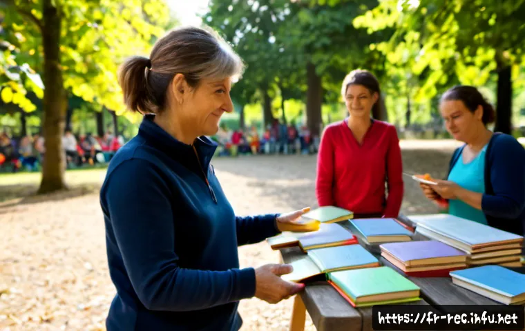 레크리에이션 지도자와 자기 계발 도서 - Photorealistic French recreation leader facilitating an outdoor team-building workshop in a sunlit p...