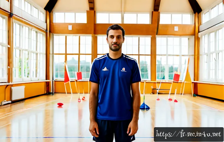 레크리에이션 지도자와 직무 스트레스 - Photorealistic French recreation leader in a bright community sports hall, standing alone beside nea...